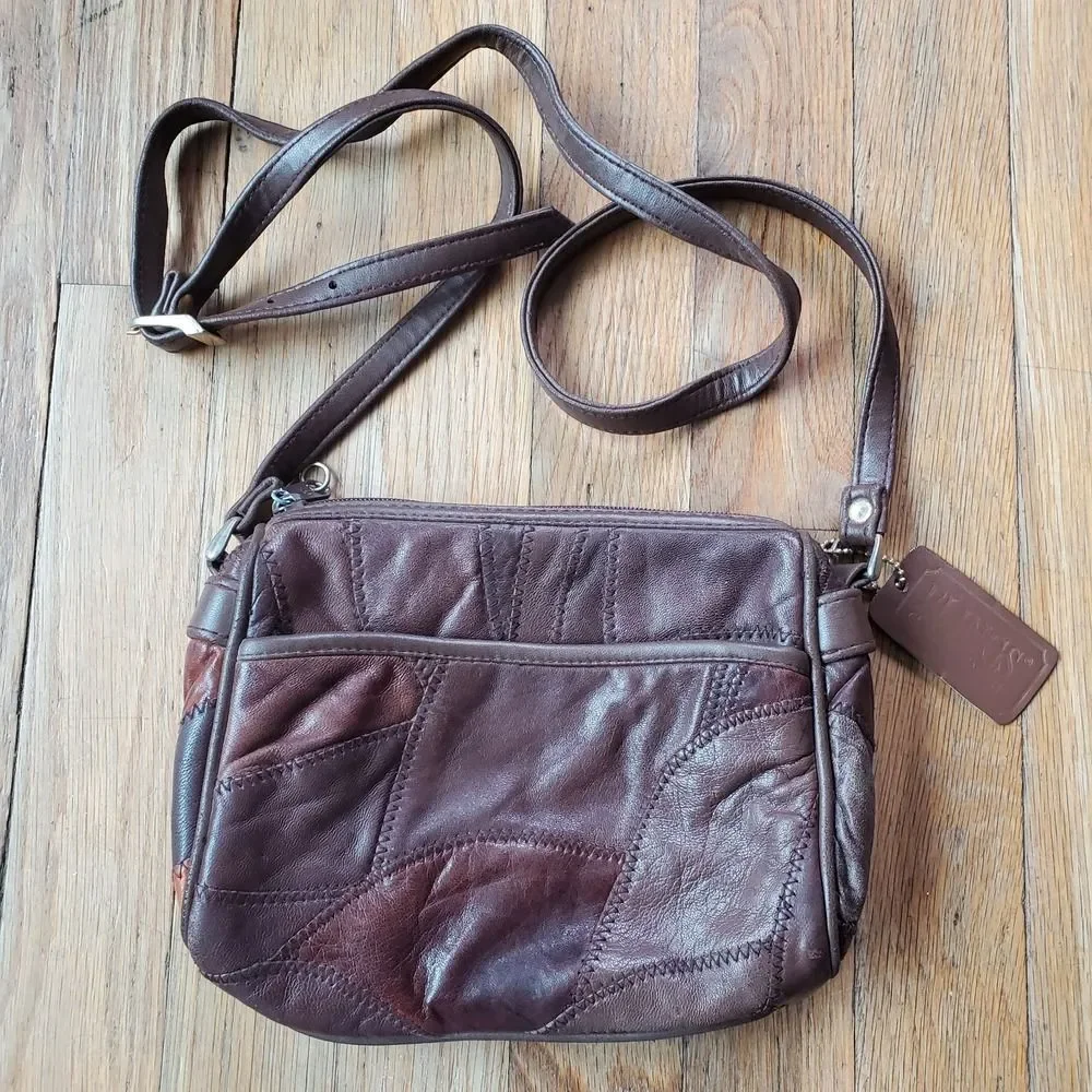 Flings genuine leather brown‎ patchwork bag adjustable strap vintage